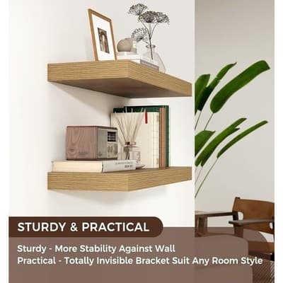 Floating Shelves for Wall, Engineered Wood Oak, 24" W x 9" D x 1.5" H, Set Of 2 - Thumbnail 5