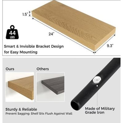 Floating Shelves for Wall, Engineered Wood Oak, 24" W x 9" D x 1.5" H, Set Of 2 - Image 1