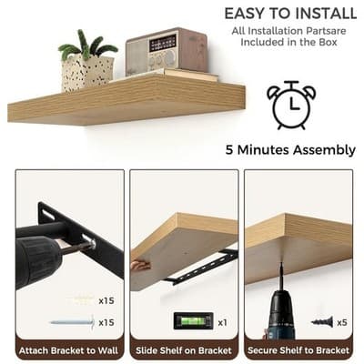 Floating Shelves for Wall, Engineered Wood Oak, 24" W x 9" D x 1.5" H, Set Of 2 - Thumbnail 6