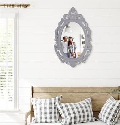 15x19.5” Distressed Oval Baroque Wall Mirror Gray Gold Ornate Vintage Style - Thumbnail 2