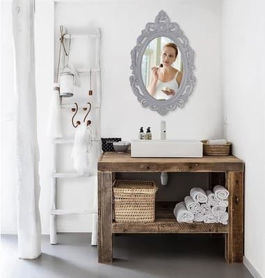 15x19.5” Distressed Oval Baroque Wall Mirror Gray Gold Ornate Vintage Style - Thumbnail 5