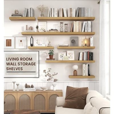 Floating Shelves for Wall, Engineered Wood Oak, 24" W x 9" D x 1.5" H, Set Of 2 - Thumbnail 3