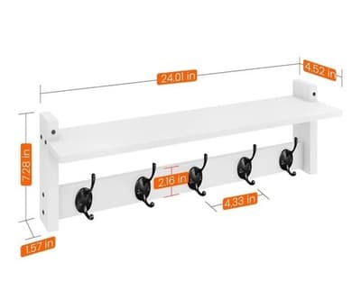 Wall Mount Coat Rack with Shelf 5 Hooks for Coats Backpacks Keys, White - Thumbnail 2