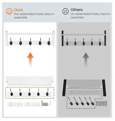 Wall Mount Coat Rack with Shelf 5 Hooks for Coats Backpacks Keys, White - Thumbnail 7