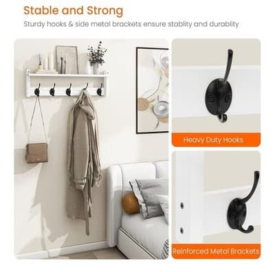 Wall Mount Coat Rack with Shelf 5 Hooks for Coats Backpacks Keys, White - Thumbnail 5