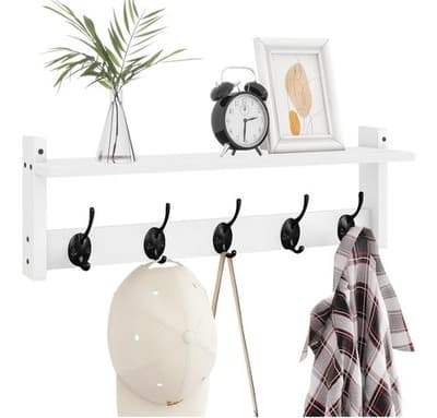 Wall Mount Coat Rack with Shelf 5 Hooks for Coats Backpacks Keys, White - Image 1