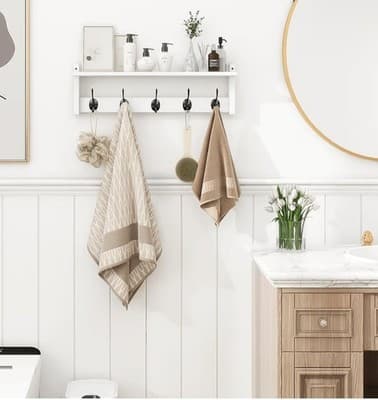 Wall Mount Coat Rack with Shelf 5 Hooks for Coats Backpacks Keys, White - Thumbnail 3