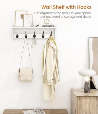 Wall Mount Coat Rack with Shelf 5 Hooks for Coats Backpacks Keys, White - Thumbnail 4