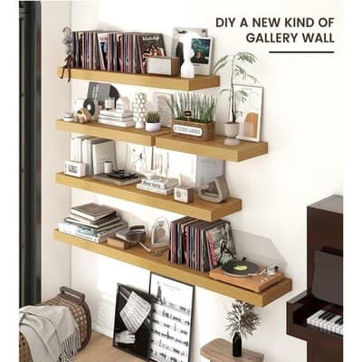 Floating Shelves for Wall, Engineered Wood Oak, 24" W x 9" D x 1.5" H, Set Of 2 - Thumbnail 4