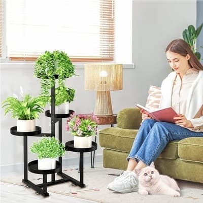 5 Tier Plant Stand Indoor, Metal Corner Plant Shelf Outdoor, Foldable Tall Pl... - Thumbnail 2