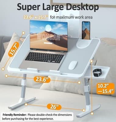 Adjustable Laptop Bed Desk Table Foldable 23.6" x 17.7" Non Slip Surface - Thumbnail 2