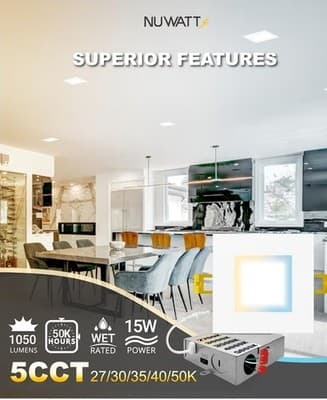 NUWATT 12 Pack 6" Square LED Recessed Lighting 5CCT 2700-5000K UltraThin Canless - Thumbnail 3