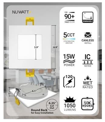 NUWATT 12 Pack 6" Square LED Recessed Lighting 5CCT 2700-5000K UltraThin Canless - Thumbnail 2
