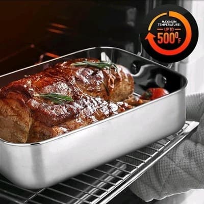 NutriChef Stainless Steel Roasting Pan 14" x 11" Turkey Roaster Pan and Rack - Thumbnail 5