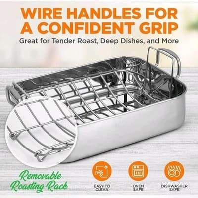 NutriChef Stainless Steel Roasting Pan 14" x 11" Turkey Roaster Pan and Rack - Thumbnail 6