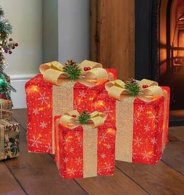 Set of 3 Lighted Christmas Gift Boxes: Pre-Lit Holiday Decor (Warm White)