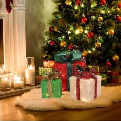 Set of 3 Lighted Christmas Gift Boxes: Pre-Lit Holiday Decor (Warm White) - Thumbnail 8