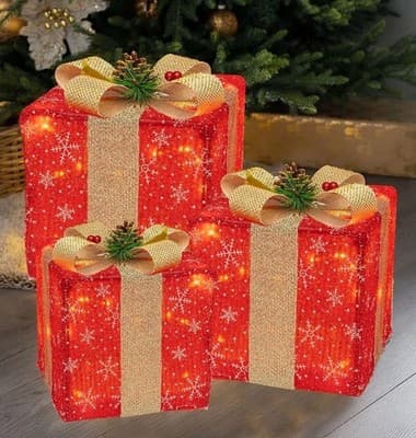 Set of 3 Lighted Christmas Gift Boxes: Pre-Lit Holiday Decor (Warm White) - Thumbnail 5