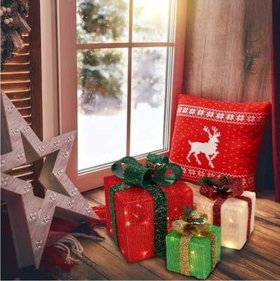 Set of 3 Lighted Christmas Gift Boxes: Pre-Lit Holiday Decor (Warm White) - Thumbnail 9