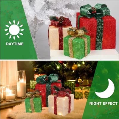 Set of 3 Lighted Christmas Gift Boxes: Pre-Lit Holiday Decor (Warm White) - Thumbnail 10