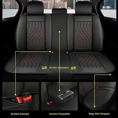 Leather Car Seat Covers Front and Back Universal Fit by SANWOM Black And Red - Thumbnail 8