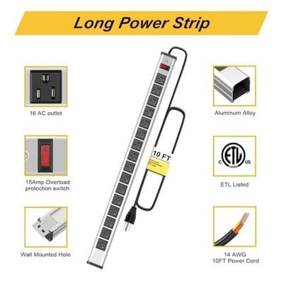 16 Outlet Surge Protector Power Strip, Heavy Duty Power Strip 24" Long 1.5" Wide - Thumbnail 5