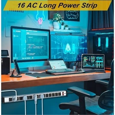 16 Outlet Surge Protector Power Strip, Heavy Duty Power Strip 24" Long 1.5" Wide - Thumbnail 2