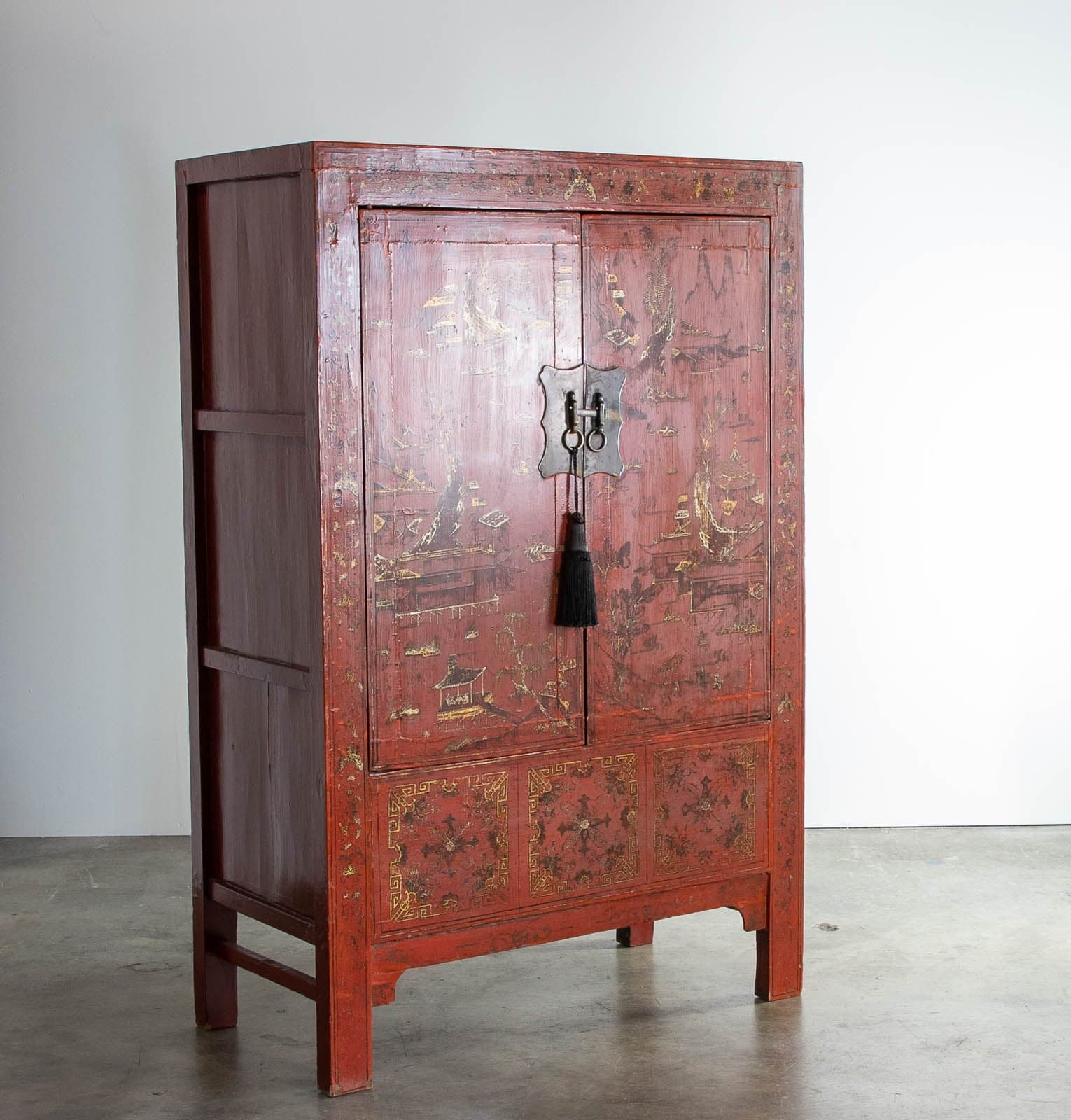 Early 1900s Chinese Red Lacquer Painted Two-Door Wedding Cabinet - Thumbnail 7