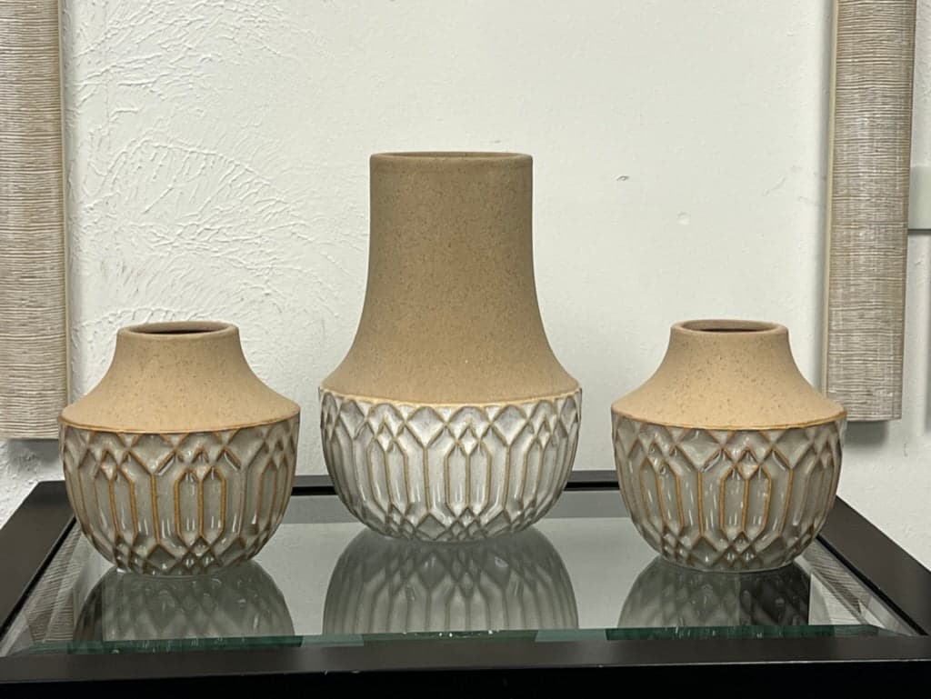Set of Three Tan Ceramic Vases - Image 1
