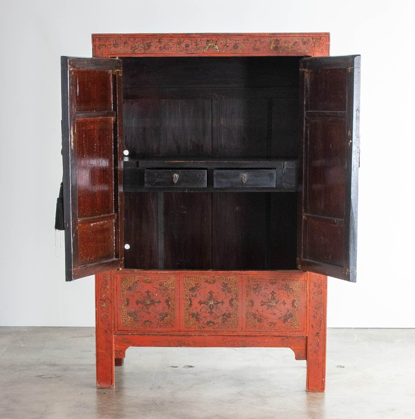 Early 1900s Chinese Red Lacquer Painted Two-Door Wedding Cabinet - Thumbnail 2