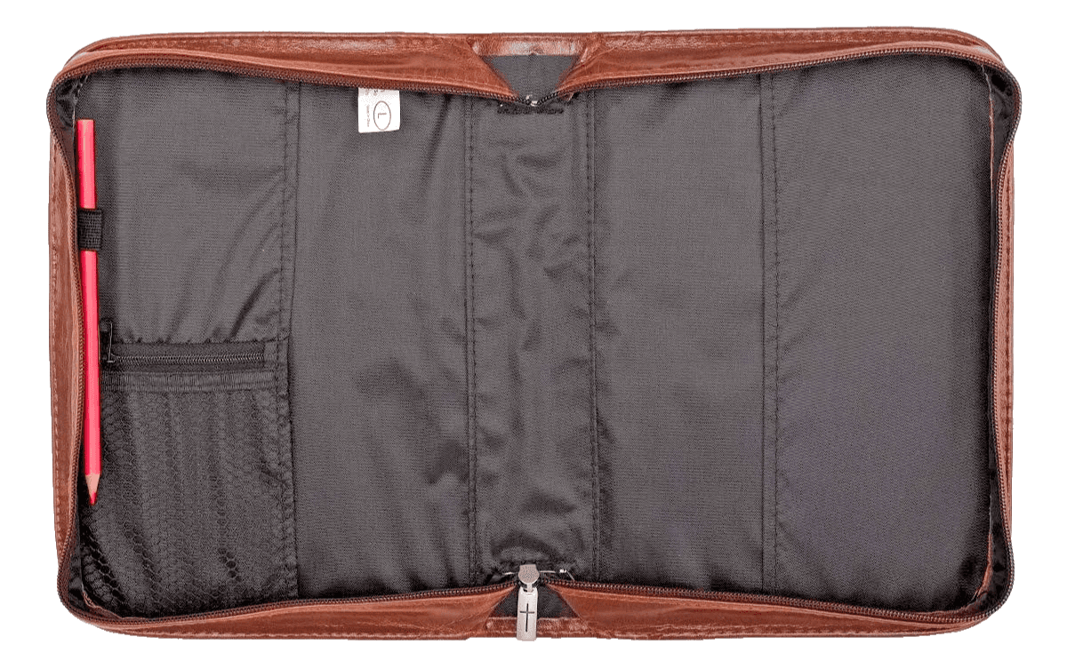 Durable Medium Brown Faux Leather Bible Cover With Zipper And Pen Loop - Thumbnail 2