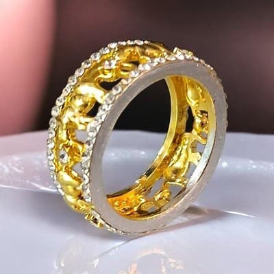 Gold Elephant Parade Crystal Two Tone Ring Band Size 8 Free Gift Bag - Thumbnail 2