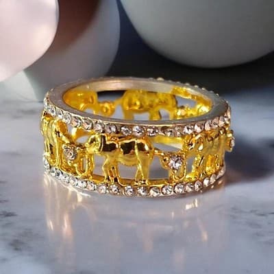 Gold Elephant Parade Crystal Two Tone Ring Band Size 8 Free Gift Bag - Image 1