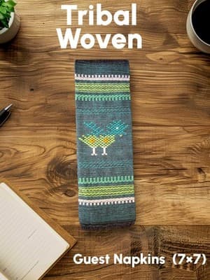 NEW Tribal Woven Guest Napkins by Sombol Print Dark Green Bohemian Vintage - Thumbnail 3