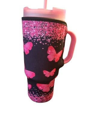 Butterfly Print/Shades of Pink Sleeve/Cup Holder Cover 30-32oz - Image 1