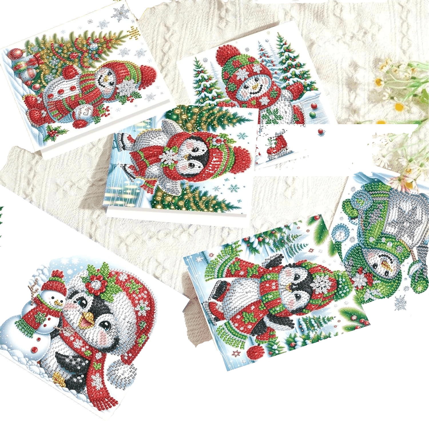 8pcs Christmas Diamond Painting Greeting Cards Christmas snowman & penguin - Thumbnail 4