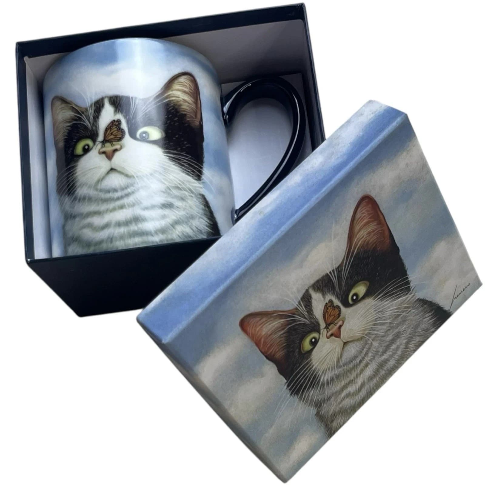 Hugo Hege 14oz Ceramic Mug Box Lowell Herrero Cross Eyed Cat Butterfly Lang 2012 - Image 1