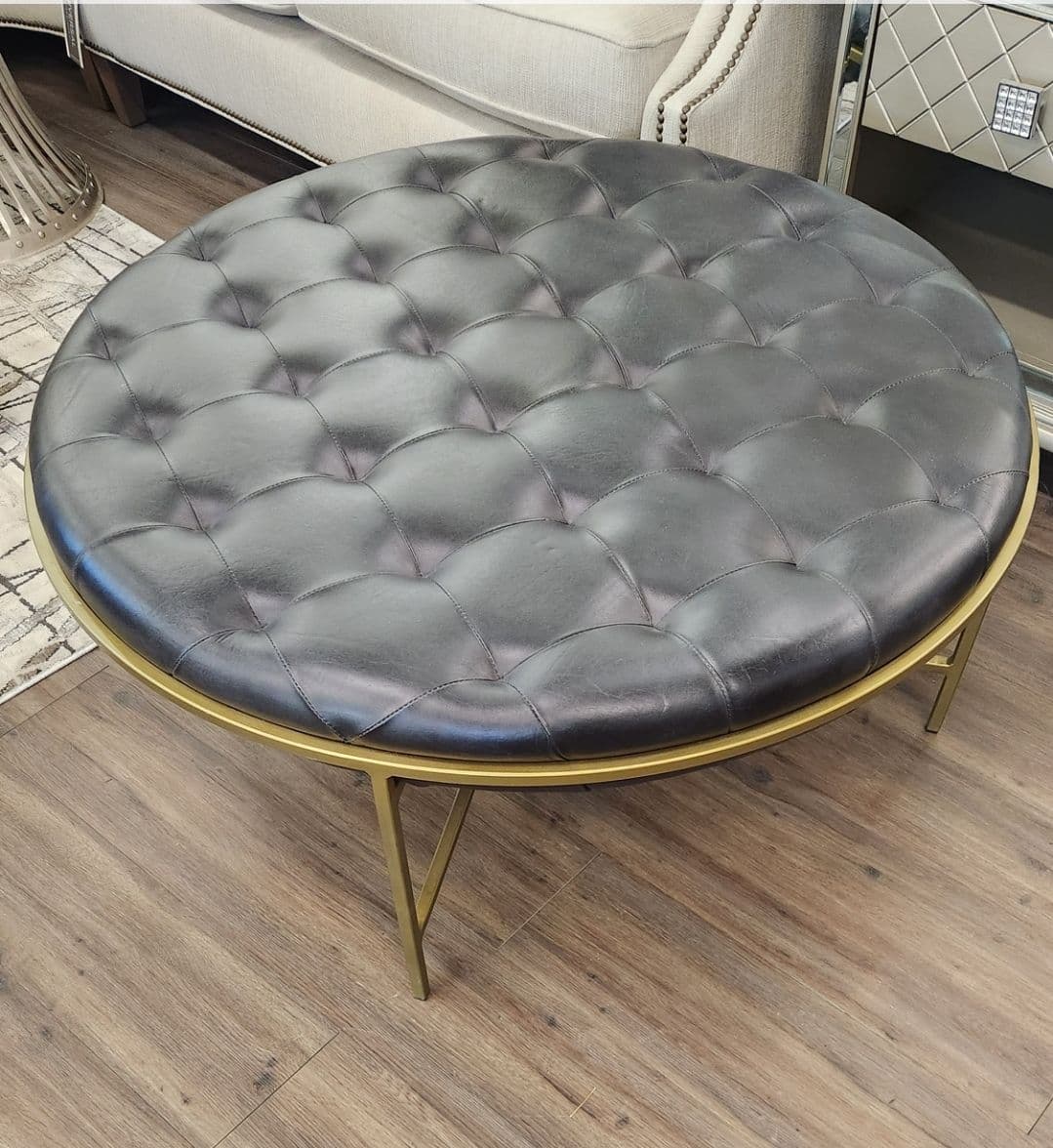 NEW Black Leather Ottoman with Antique Brass finish - Round - Thumbnail 2