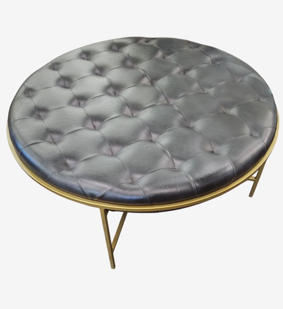 NEW Black Leather Ottoman with Antique Brass finish - Round - Image 1
