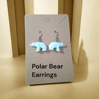 Nice Carved Stone Hanging Polar Bear Earrings Small Silver Tone Hook Bears - Image 1