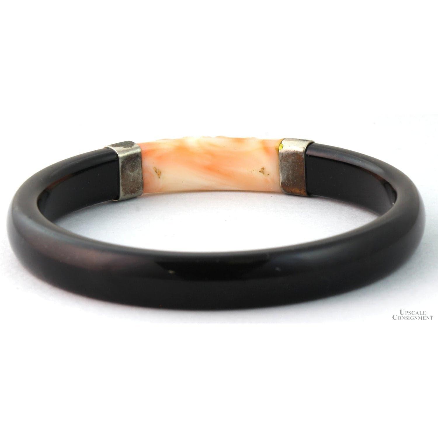 Black Onyx Bangle with Carved Angel Skin Coral Rose Panel - 64 mm ID - Thumbnail 2