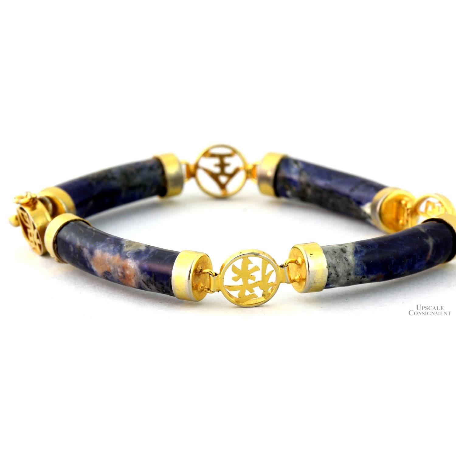 Natural Sodalite Link Bracelet with Gold Tone Accents - Safety Chain - Size 6.75 - Thumbnail 3