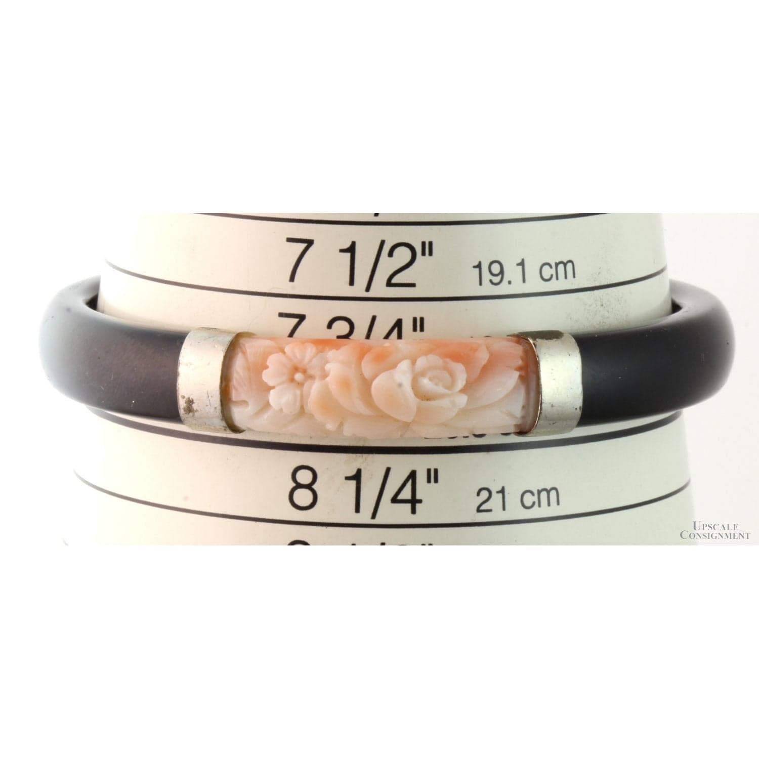 Black Onyx Bangle with Carved Angel Skin Coral Rose Panel - 64 mm ID - Thumbnail 3