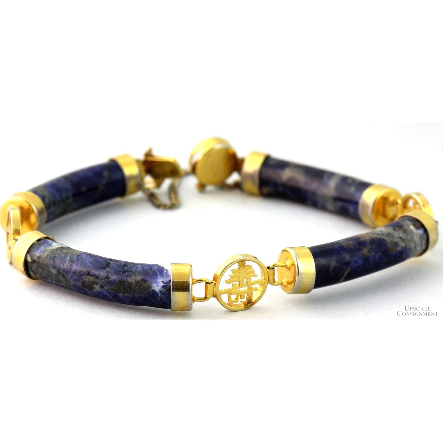 Natural Sodalite Link Bracelet with Gold Tone Accents - Safety Chain - Size 6.75 - Thumbnail 4