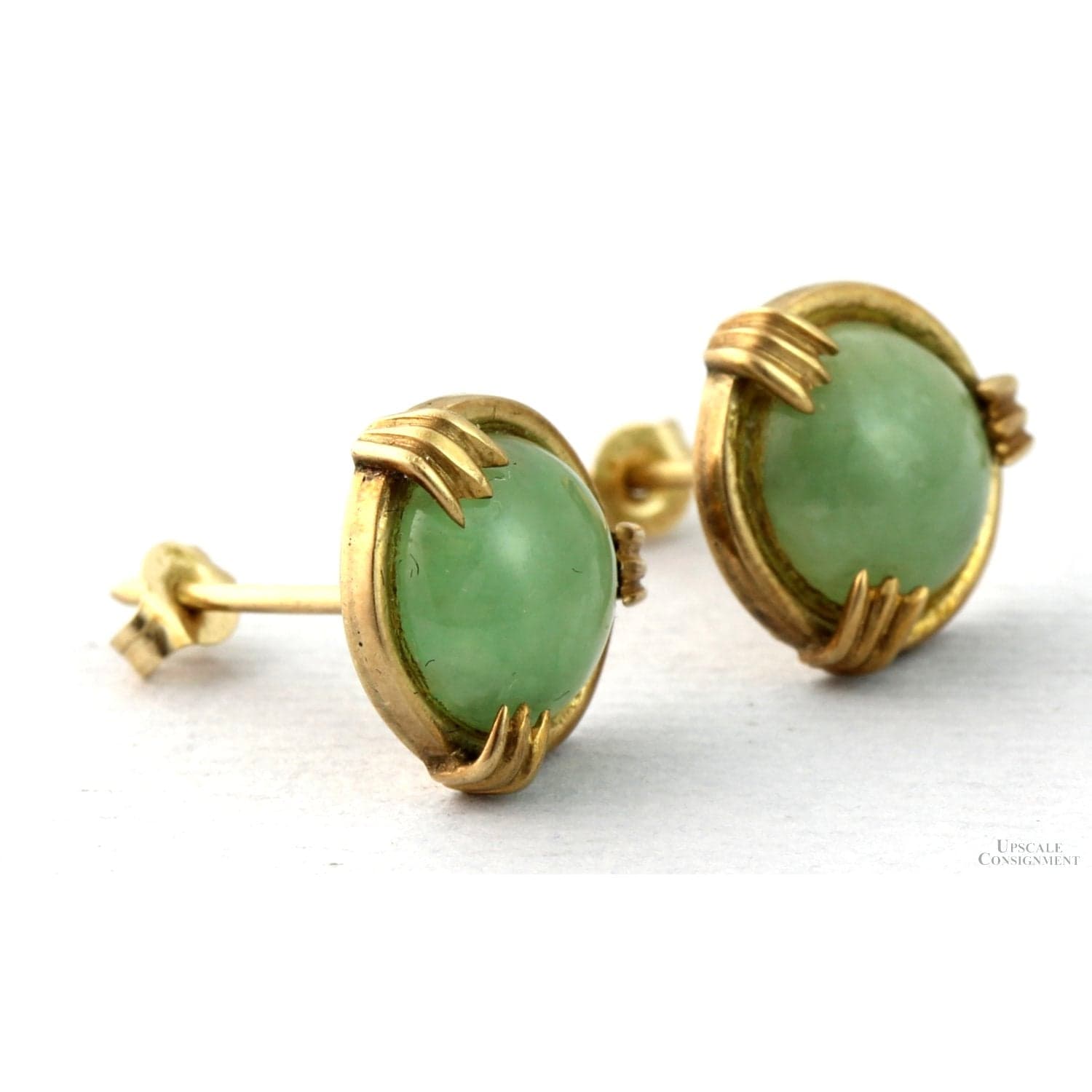 14K Yellow Gold Jadeite Jade Earrings – Natural Green Jade - 8mm Cabochons - Thumbnail 2