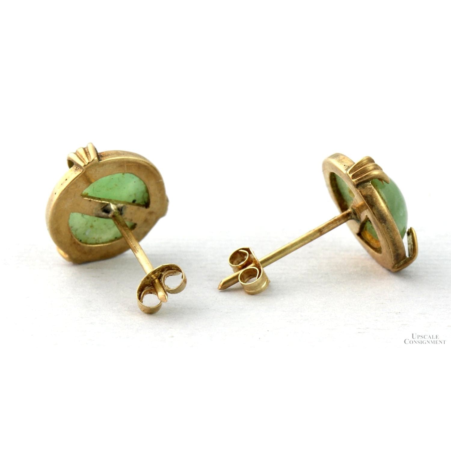 14K Yellow Gold Jadeite Jade Earrings – Natural Green Jade - 8mm Cabochons - Thumbnail 4