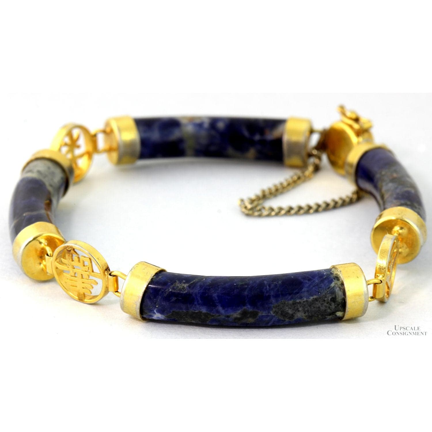 Natural Sodalite Link Bracelet with Gold Tone Accents - Safety Chain - Size 6.75 - Image 1