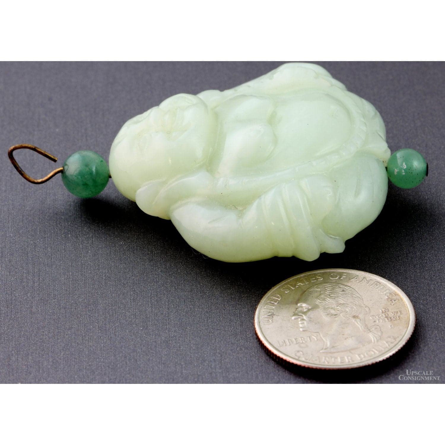 Carved Celadon Nephrite Jade Happy Buddha Pendant - 39.83G - Thumbnail 3