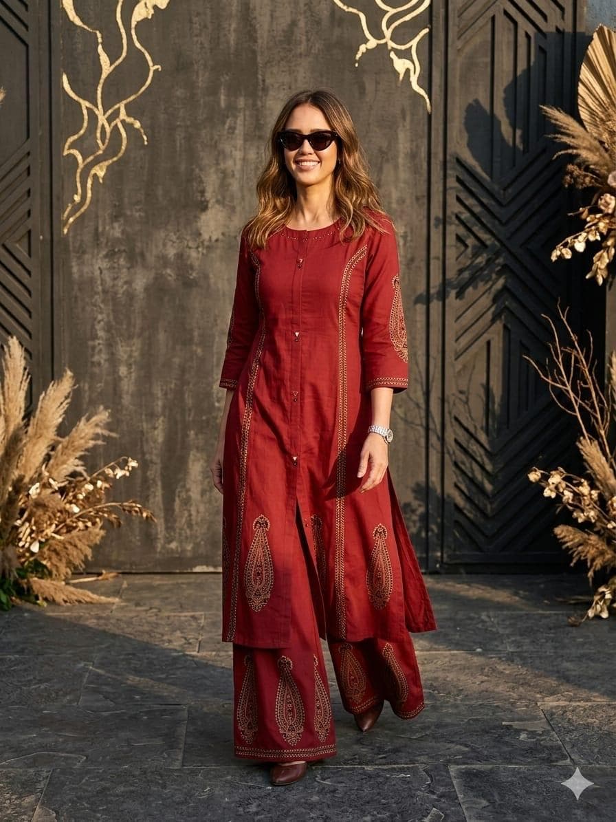 COTTON DABBU A-LINE FLAIRED KURTA WITH BEAUTIFUL BLOCK PRINT IN KALI STYL