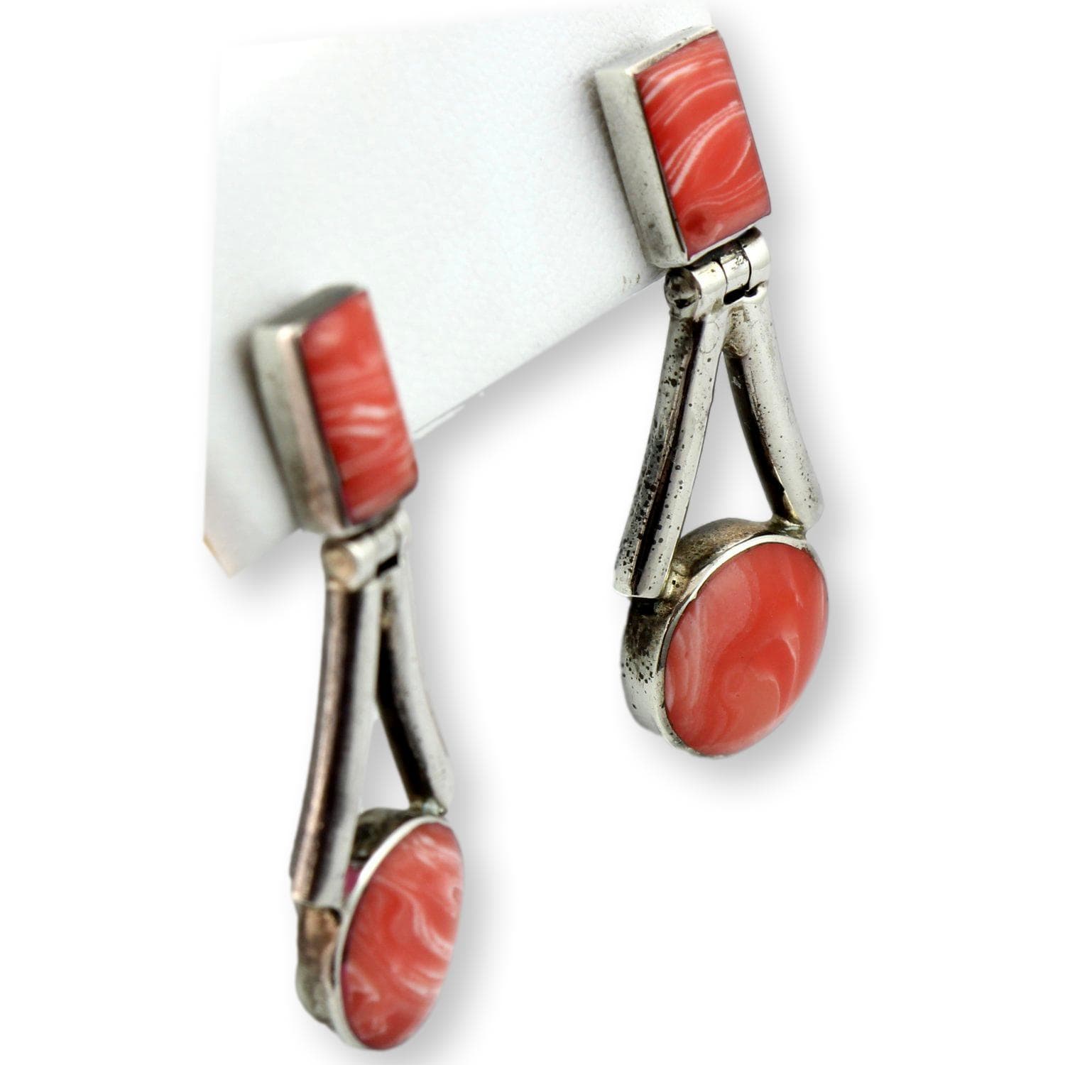 Mid-Century Pink Angel Skin Coral & Fine Silver Drop Earrings - 1.5 in - Thumbnail 2